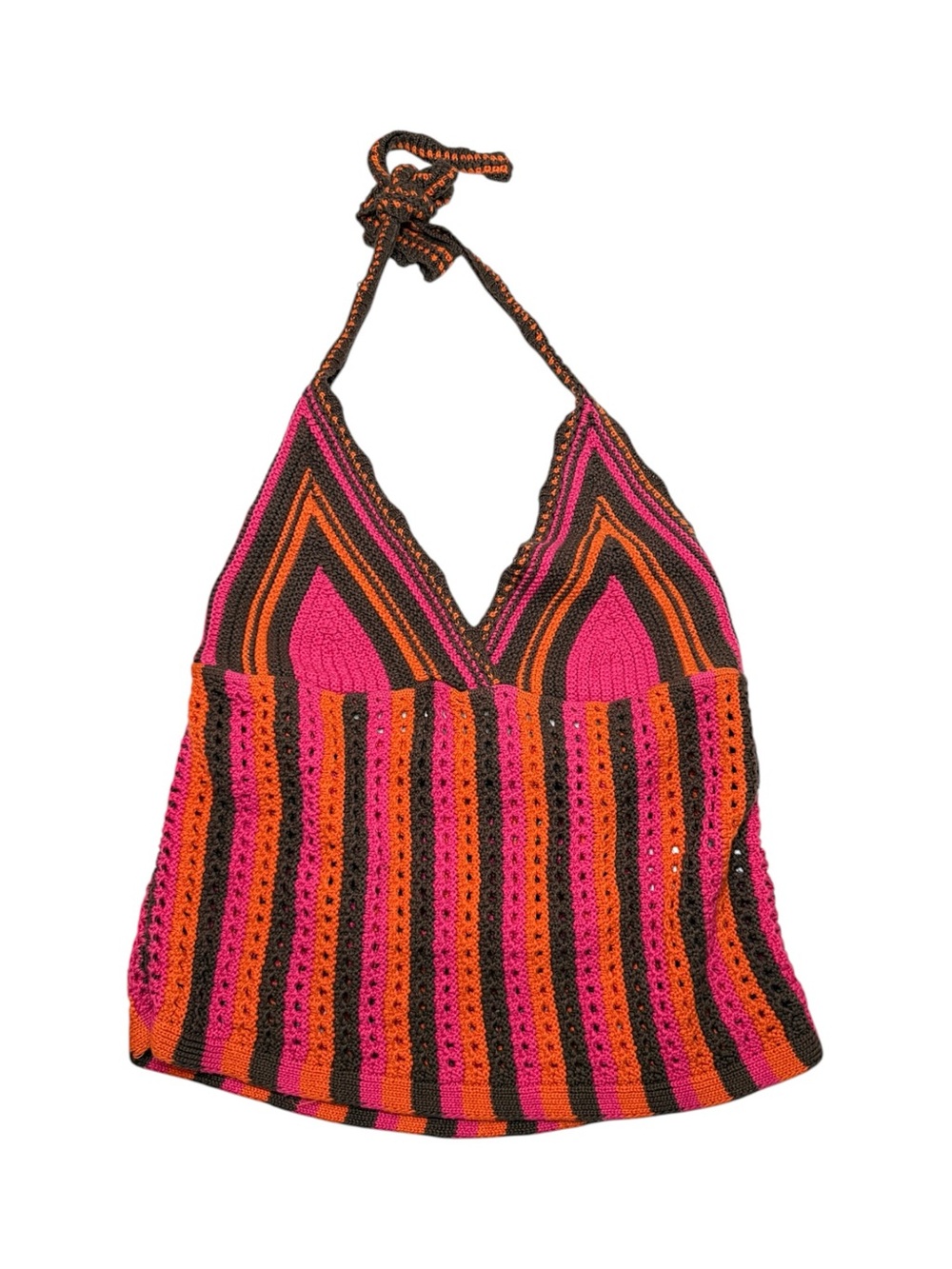 Kimchi Blue Tulum Sweater Crochet Halter Top in Brown/Orange/Pink XL